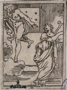 Apollo e la Pittura che celebra con lira le lodi di Agostino   (da I funerali d'Agostino Carracci fatto in Bologna sua patria da gl'incamminati Accademici, Bologna, Benacci, 1603)